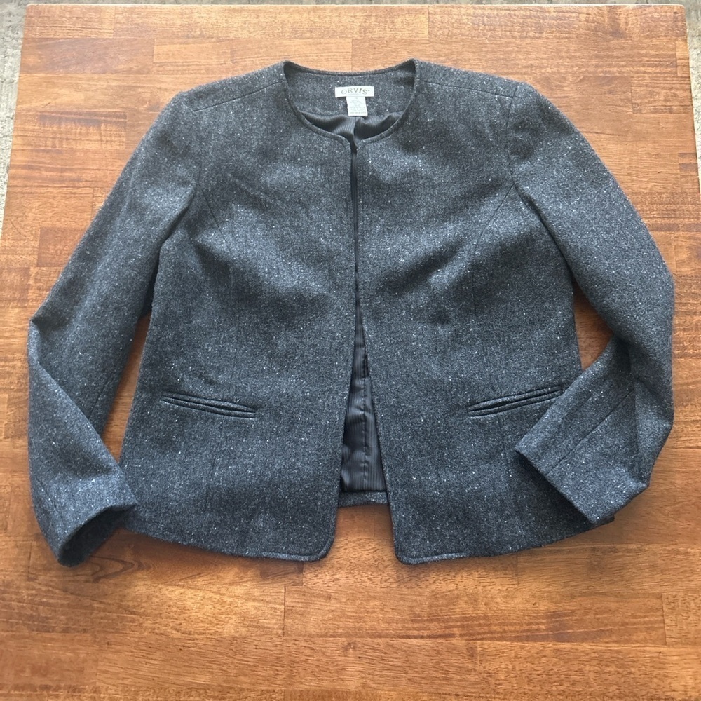 Orvis women’s tailored fitted no button charcoal gray wool blend blazer size 14